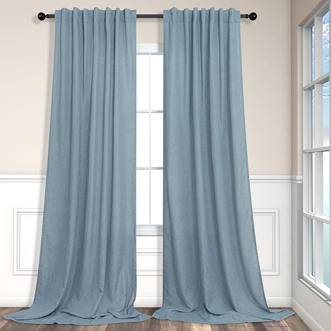 Extra Long Curtains for Living Room Patio Sliding Glass Door 120 Inch Length Linen Sheer Light Filter Curtains & Drapes for Villa Cottage Country House Back Tab Pocket 12 Feet 12ft 52x120 Stone Blue