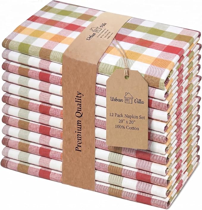 Urban Villa Cloth Napkins 100% Cotton Highly Absorbent Washable Durable Reusable Premium Dinner Napkins Ideal for Gifts for Mothers Day Hotel Farmhouse Parties - Harvest Checks (20" x 20", Set of 12)