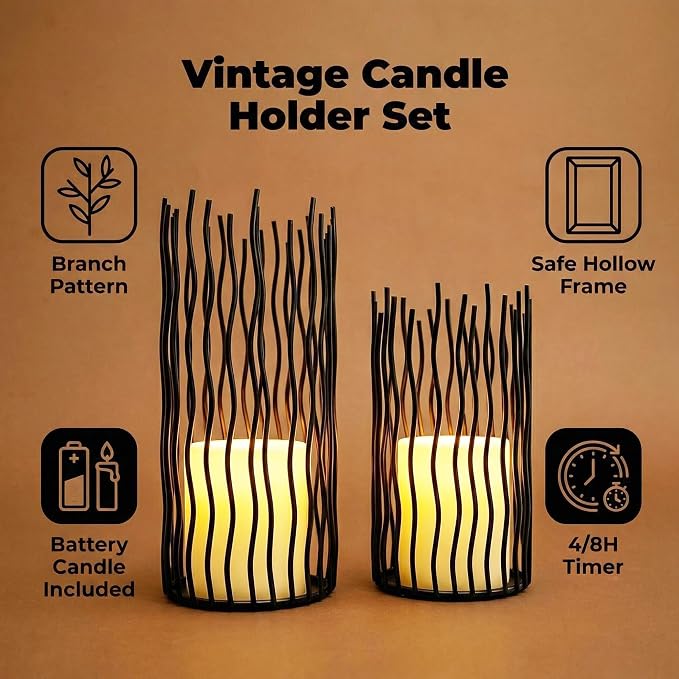 8 & 10inches Height Versatile Farmhouse Black Metal Iron Wire Willow Candle Holders with Led Waterproof Candles, Cage Candlestick Holders for Pillar Candle & Plants, Home Décor (Black)