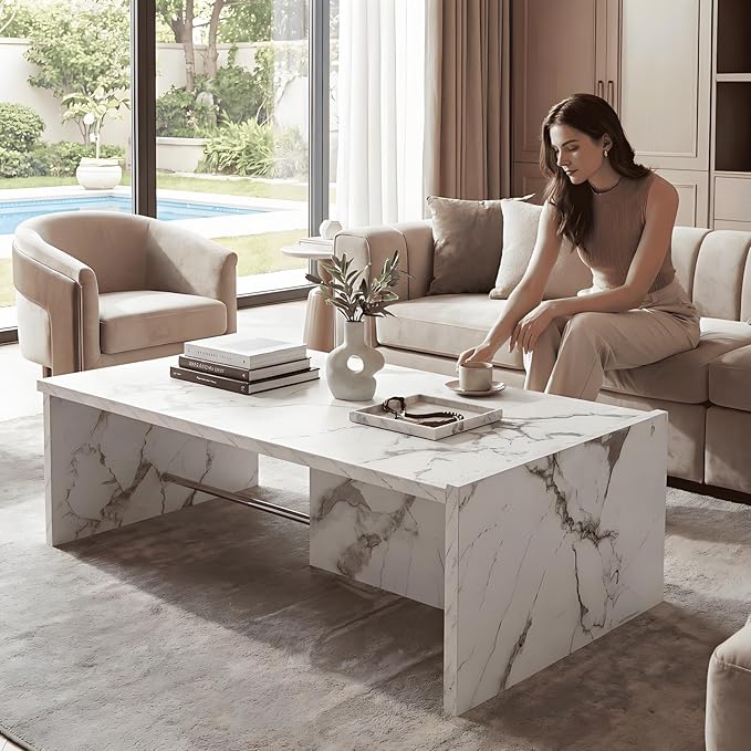 Hyfirm Faux Marble Coffee Tables for Living Room: Rectangular Modern Minimalist Coffee Table with Sturdy Frame Contemporary Accent Tables for Office Apartment Family Room Center Table (Marble White)