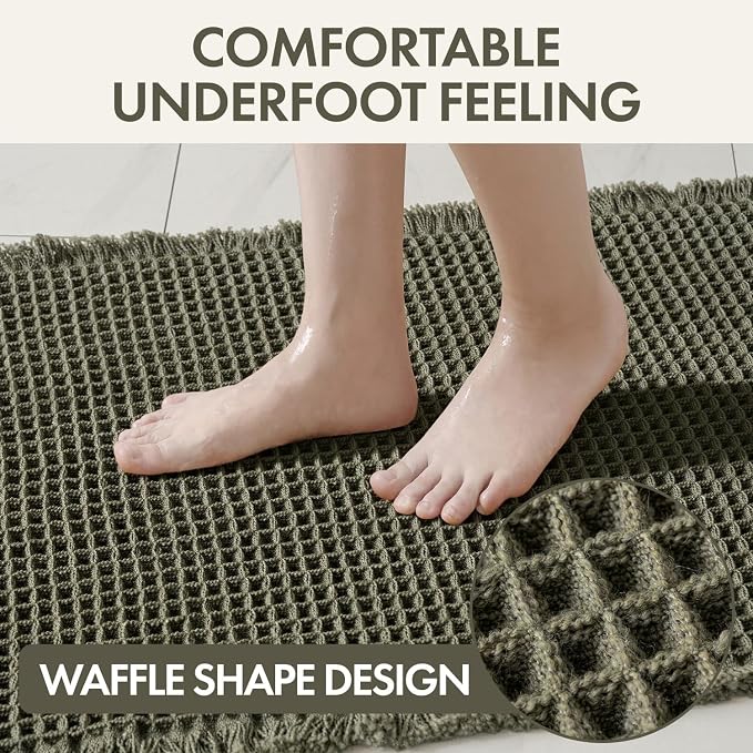 MIULEE Waffle Bathroom Runner Rugs, Super Absorbent Non Slip Bath Rug, Upgraded Soft Quick Dry Washable Boho Long Bath Mat with Tassels for Hallway Laundry Room Bedroom, 17"x48", Green