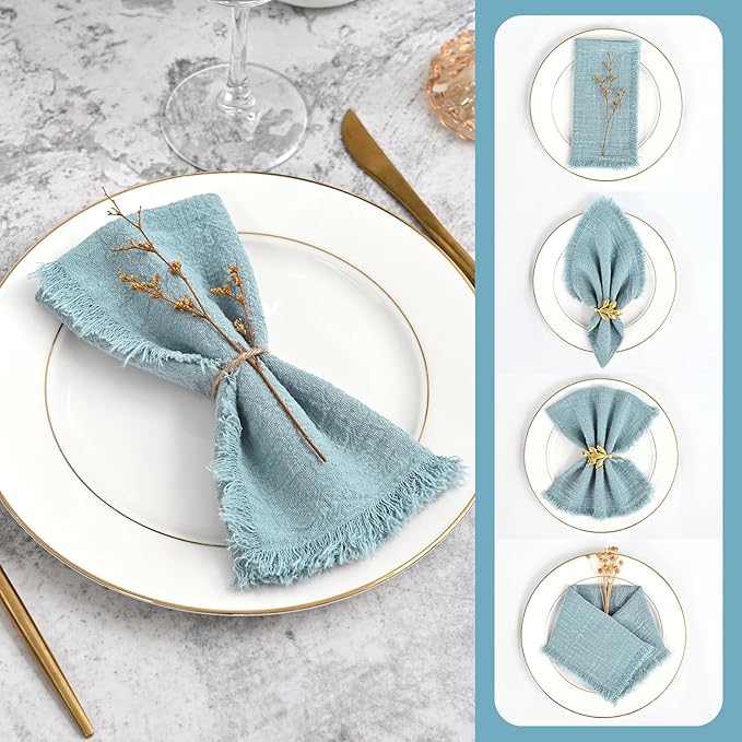 60 Packs Dusty Blue Napkins 16x16 Inch, Cotton Linen Handmade Cloth Napkins Bulk with Fringe - Soft Rustic Boho Napkins for Wedding, Party, Christmas Event Dinner Birthday Table Decor