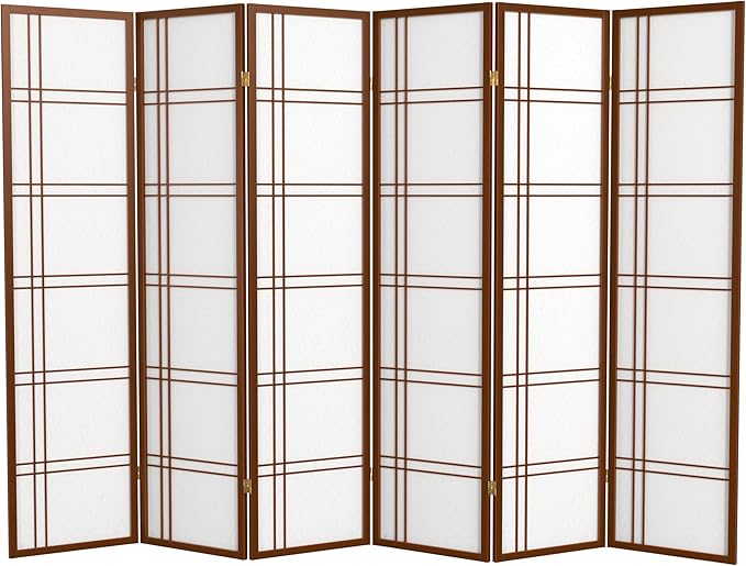 Red Lantern 6 ft. Tall Double Cross Shoji Screen - Walnut - 6 Panels