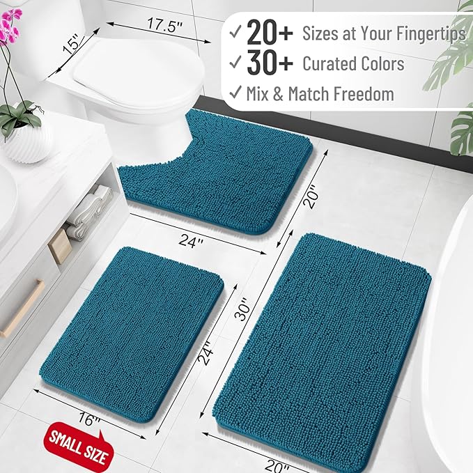 OLANLY Toilet Rugs U-Shaped 20x20, Extra Soft Absorbent Chenille Contour Bathroom Rugs for Toilet, Dry Quickly, Machine Washable, Non-Slip Bath Mat, Peacock Blue