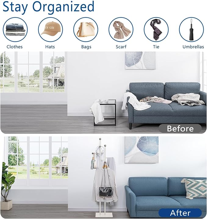 JIAYUEJU Free Standing Coat Rack with Marble Base & 8 Steel Hooks Clothes Rack for Entryway Bedroom Living Room Hotel 14.96 x 10.24 x 68.9 Inches (White)