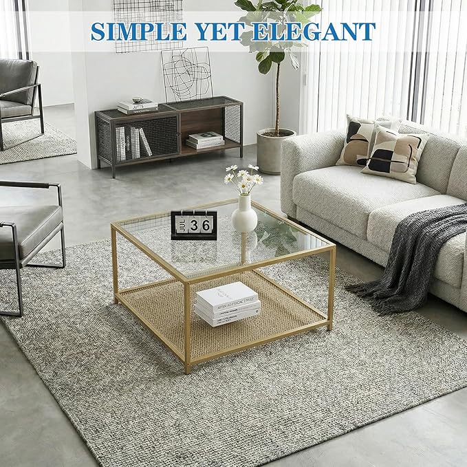 Gold Glass Coffee Table, Square Coffee Tables with Storage Shelf, Simple Tea Cocktail Modern Center Tables for Small Space, Living Room, Easy Assembly, 26 * 26in（Gold）