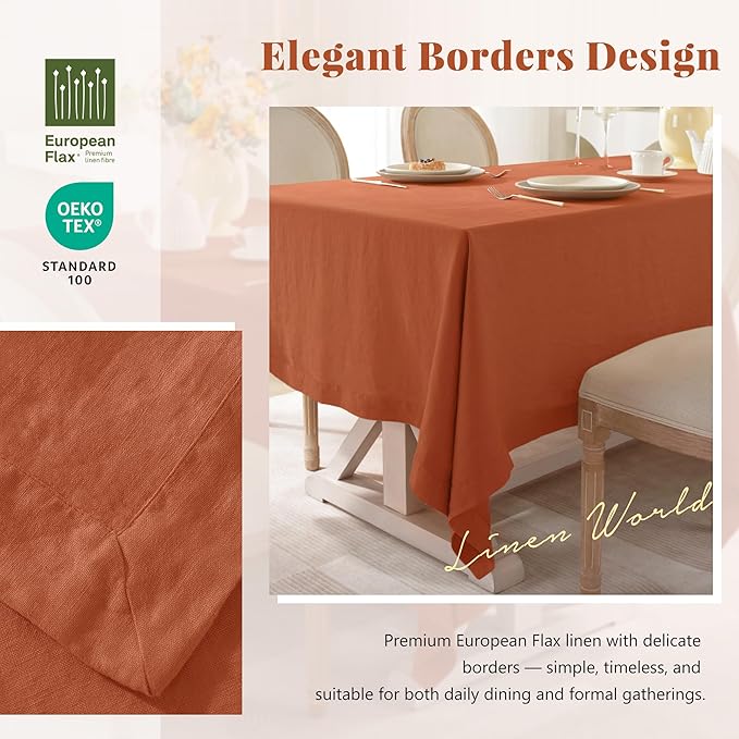 Linen World Fall Linen Tablecloth 90" x 60" Inch,French Linen Washable Rectangular Table Cloth for Dining,Outdoor,Weddings and Restaurants,Decorative Thanksgiving Christmas,Burnt Orange