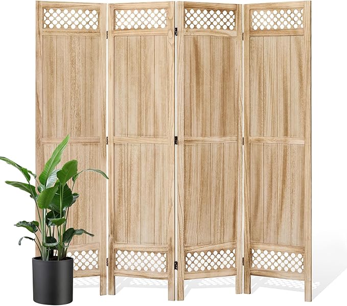 Privacy Screen Room Divider Panel - 67 Inch Tall Natural Wood Folding Partition Room Dividers, No-Assembly Required, Enhance Privacy and Aesthetic Appeal, Ideal for Home or Office Natural 4 Paned