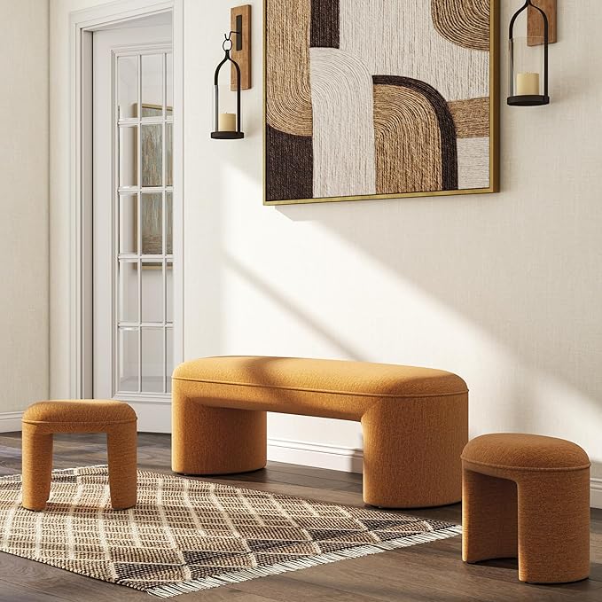 Hyfirm 3-Piece Nesting Upholstered Bench with 2 Stools, 53" Chenille Accent Waterfall Bench Modern End of Bed Entryway Bench Bedroom Bench for Living Room Vanity, Burnt Orange, No Need to Install