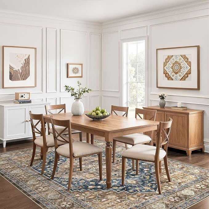 10x13 Area Rug Living Room: Washable Boho Large Neutral Vintage Soft Rugs Stain Resistant Farmhouse Non-Slip Indoor Floor Carpet for Bedroom Nursery Kids Office Dining Room Playroom- Yellow Blue