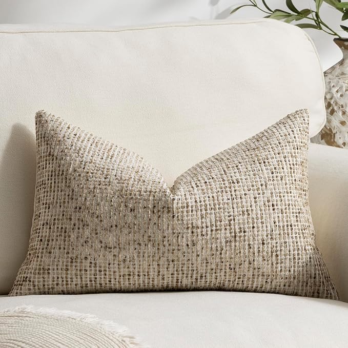 Pack of 1 Neutral Lumbar Pillow Covers 12x20 Boho Textured Dots Stripe Chenille Rectangular Decorative Throw Pillow Cases Accents for Living Room Couch Bed Farmhouse Home Decor, Taupe