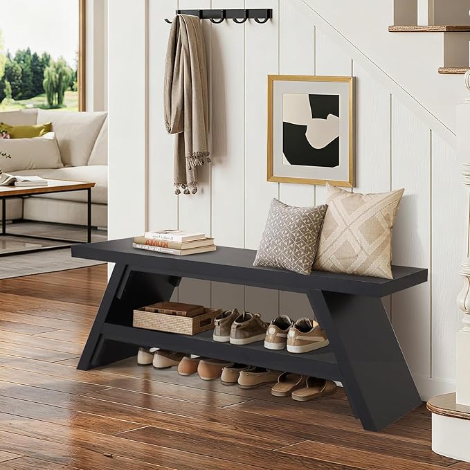 2-Tier Shoe Bench,Entryway Shoe Storage Bench,Modern Narrow Bench for Entryway, Kitchen, Bedroom, Dining（Black）