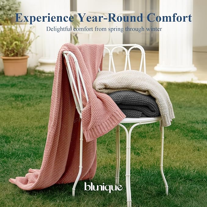 100% Cotton Cable Knit Throw Blanket, Large Lightweight Soft Knit Blanket for Sofa Couch Bed, Breathable All-Season Throw, Cozy Decorative Blanket, 60 x 80 Inch,Pink