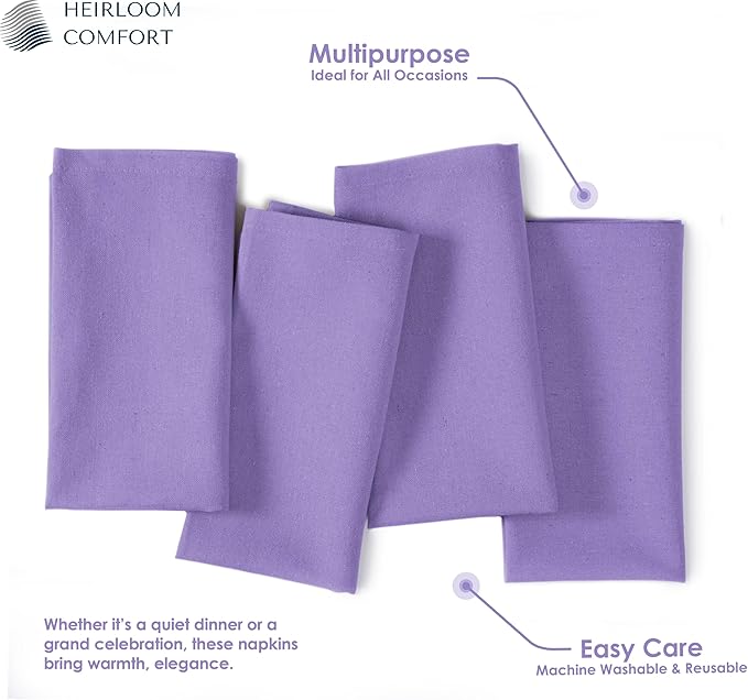 Lavender Cloth Dinner Napkins Set of 12, 100% Cotton, 17 x 17 Inch, Soft, Absorbent, Machine Washable - Ideal Table Linen for Wedding, Spring, Summer, Easter