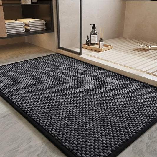 PADOOR-Bath Mat-Super Absorbent Chenille Bathroom Mats-Rubber Backed Bath Mats for Bathroom Non Slip, Easy Clean Bathroom Rugs Front of Bathtub,Shower Room,Sink-17×35, Darkgrey&Black
