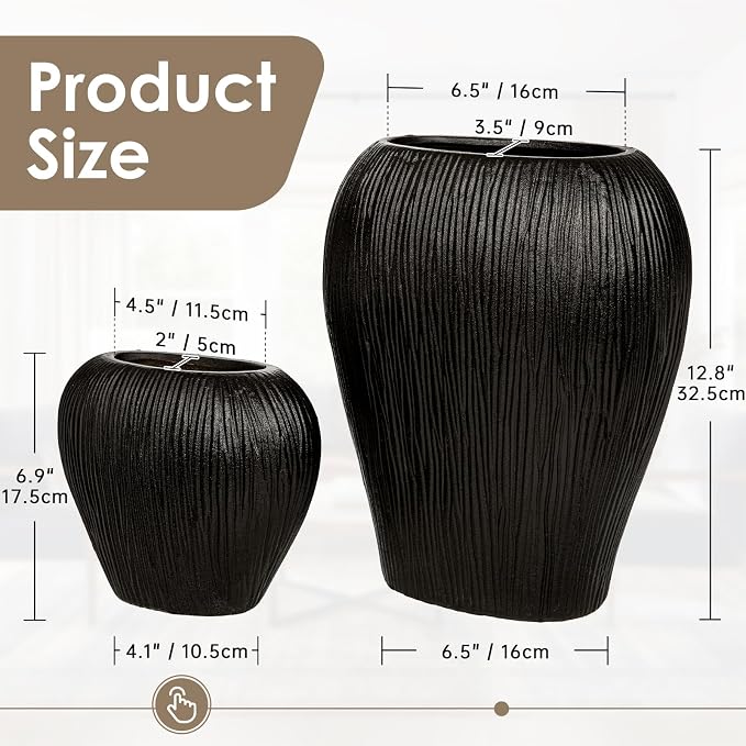 Slim Flat Ceramic Vase for Home Decor, 7" Ribbed Modern Flower Vase, Space-Saving Narrow Decorative Vase for Pampas Grass Artificial Flowers, Farmhouse Boho Table Centerpiece, Black