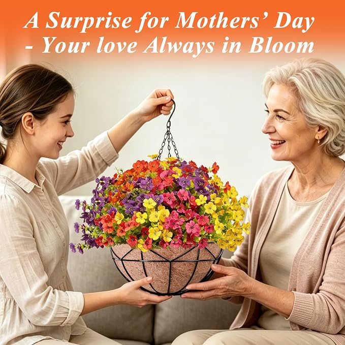 Halatool Hanging Baskets with Artificial Flowers, Sturdy Hanging Basket with Coconut Liner & 12 PCS Colorful Fade-resistant Faux Flowers for All Season Home Decor Porch Patio Balcony Yard Gift for Mom