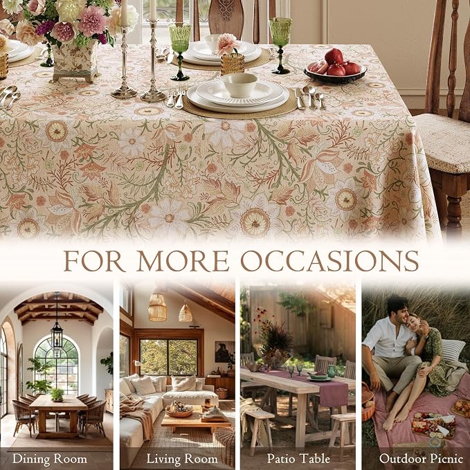 French Thick Linen Tablecloth for Rectangle Tables, Pink Floral Waterproof Wipeable Decorative Table Cover for Dining Kitchen Indoor Outdoor, 55" x 71", 4-6 Seats