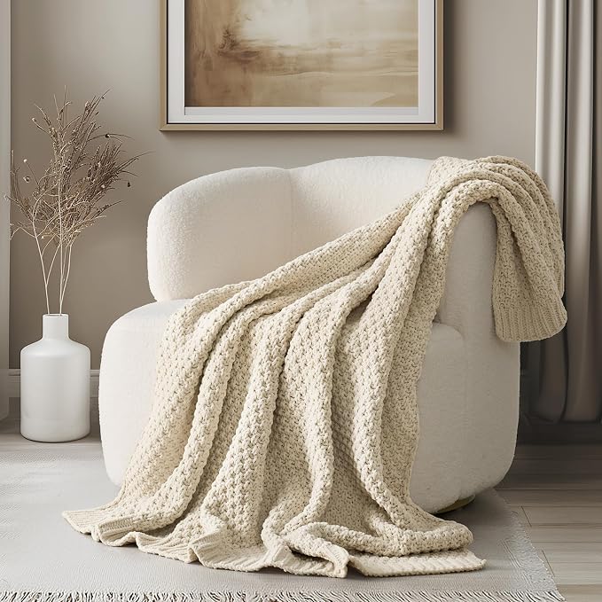 EVERGRACEHOME Chunky Chenille Knit Throw Blanket for Couch, Soft Luxurious Moss Stitch Blankets for Bed, Cozy Decorative Farmhouse Knitted Throws for Sofa, Beige, 50" x 60"
