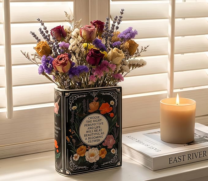 LIFFY Ceramic Vase for Flowers, 6.3 Inch Tall Farmhouse Centerpiece with Double Handles, Rustic Terracotta & Modern Navy White - Home Table Decor (Black Flower)