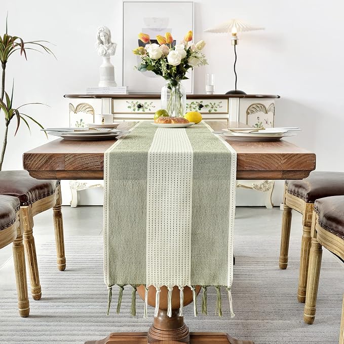 Wracra Linen Table Runner, Farmhouse Macrame Table Runners 36 Inches Long for Dining Table Decor, Wedding, Party and Dresser Decor (Sage Green,36")