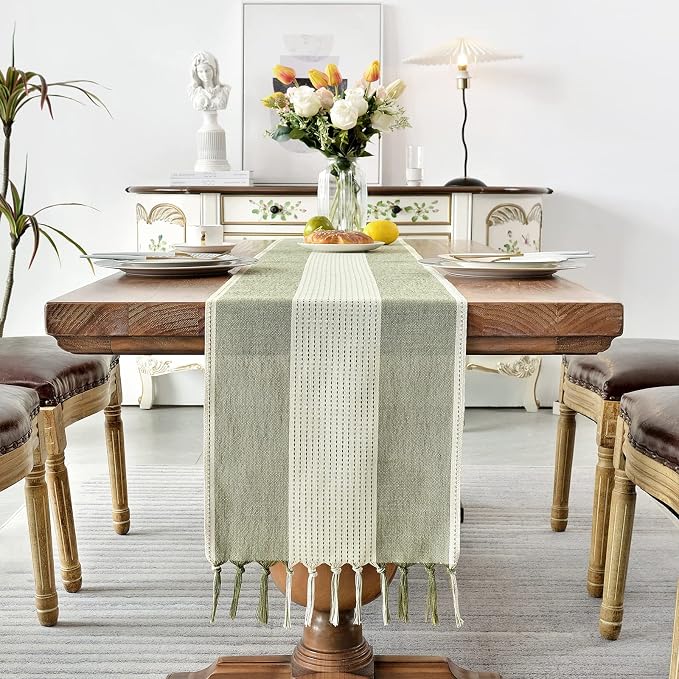 Wracra Linen Table Runner, Farmhouse Macrame Table Runners 108 Inches Long for Dining Table Decor, Wedding, Party and Dresser Decor (Sage Green,108")