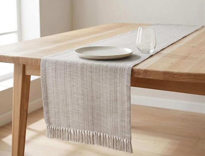 PurpleEssences Chambray Table Runner with Fringes - 100% Cotton, 13x72 Inch - Rustic Farmhouse Table Décor, Reusable, Machine Washable for Dining Tables - Spring Easter Summer - Royal Linen & H.White