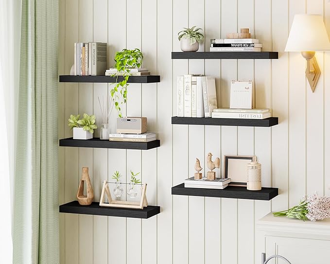 Fixwal Black Shelves, 15.8in Floating Shelves, Farmhouse Shelf Wall Decor for Bathroom, Bedroom, Living and Kitchen Set of 6