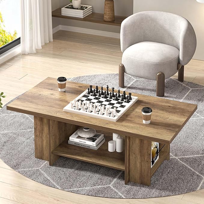 FOLUBAN Wood Coffee Table, Modern Center Table for Living Room with Bottom Storage Shelf & Side Shelves, 2-Tier Rectangle Cocktail Tea Table for Home Decor, 47 Inch, Rustic Oak
