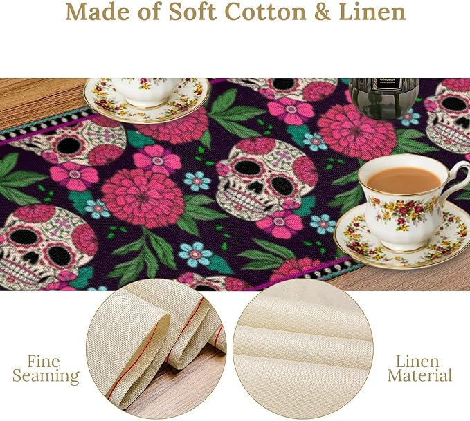 YCness Dia De Los Muertos Table Runner Red Floral Cinco De Mayo Rustic Linen Mexican Sugar Skull Day of The Dead Altar Decoration for Home Kitchen Dining Room, 13x36 Inch Black