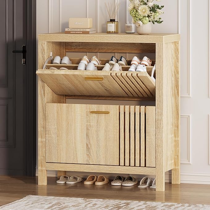 Shoe Storage Cabinet for Entryway with 2 Flip Drawers, 31.5" Narrow Fluted Shoe Organizer Cabinet, Slim Wooden Shoe Rack Cabinet, Freestanding Hidden Shoe Cabinet for Hallway, Entrance (Natural Oak)