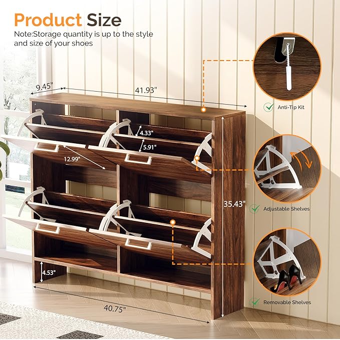 VINGLI Walnut Shoe Cabinet for Entryway, Slim Rustic Shoe Storage Cabinet with 4 Flip Drawers, Mid-Century Modern Wood Shoe Rack Organizer, Narrow Farmhouse Cupboard, Dark Brown, 42 Inch