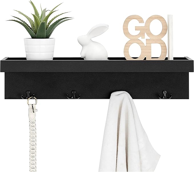 Danya B Wall Mounted Entryway Floating Coat Rack with Four Hanging Hooks and Decorative Ledge Shelf - Great for Entryways, Hallways, Bedrooms, Kitchens, and Bathrooms - Black