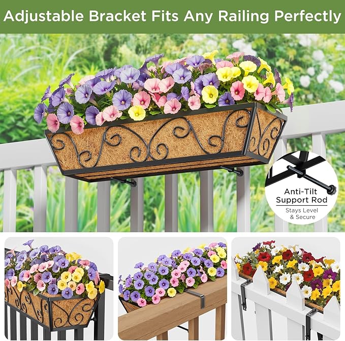 Y&M 24 Inch Window Deck with Coco Liner, Fence Metal Hanging Flower Planter Window Basket Deck Railing Planter Boxes for Outdoor Garden Lawn-Butterfly, 4pcs