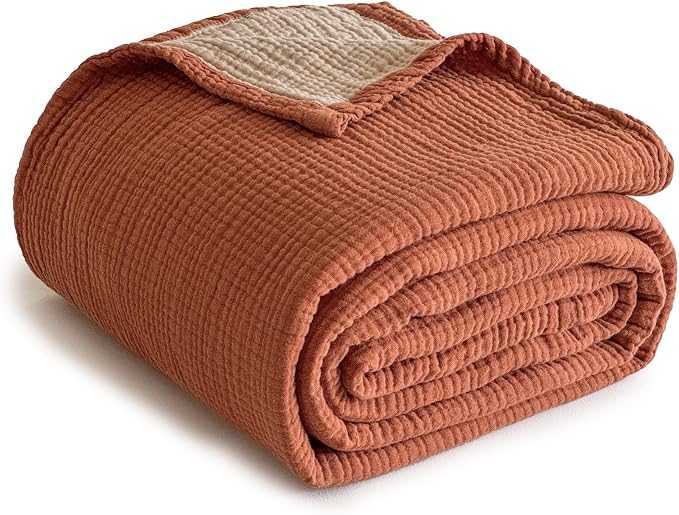 Simple&Opulence 100% Cotton Muslin Blanket Twin Size, Lightweight Breathable 4 Layering Gauze Blanket for Bed Couch Camping, Soft Bedspread Coverlet All-Season Use (Rust Orange, 68"x86")