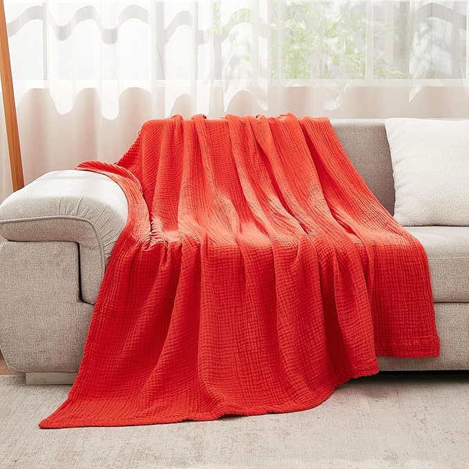 EMME Cotton Twin Blanket - 100% Muslin Soft, Breathable Gauze - All Season, Pre-Washed - Orange Rust, 60"x80"