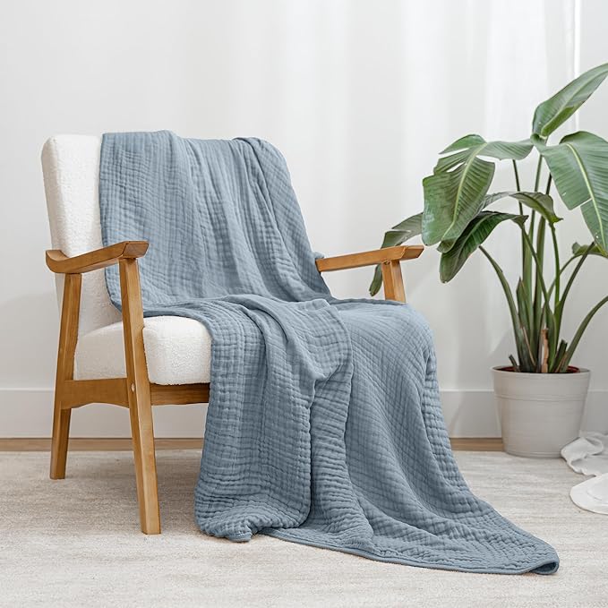 Comfy Cubs Muslin Throw Blanket - 50” x 60” Quilted Design - Lightweight, Breathable 6-Layer Gauze Fabric - Soft Cotton Blanket for Home or Travel - Packaged in Elegant Gift Box - Pacific Blue