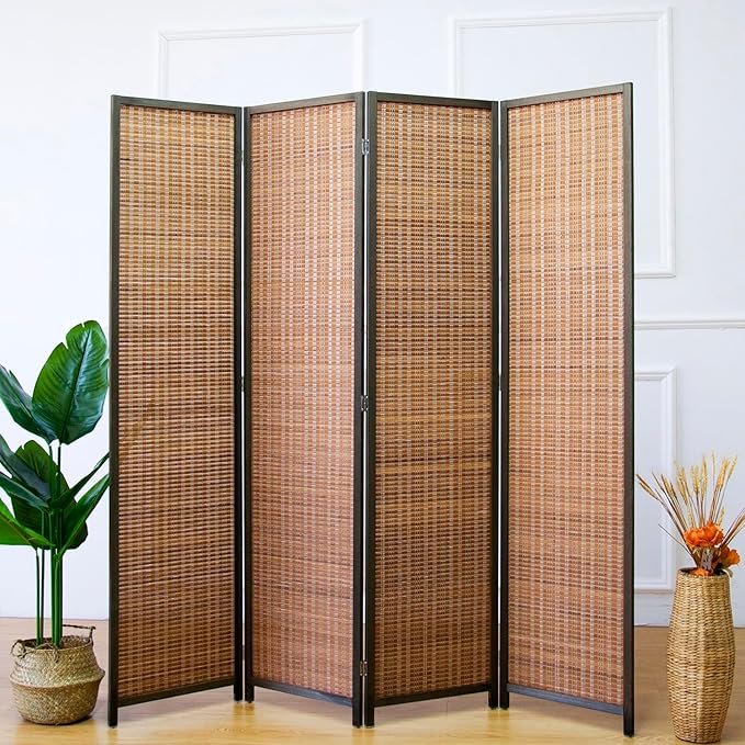 Furnnylane 4 Panel Bamboo Room Divider - 5.6 ft Tall Folding Privacy Screen for Room Separation, Natural Brown Freestanding Partition Wall for Home Office (67" H x 61.4" W)