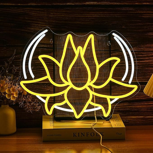 Moon Lotus Flower Neon Sign Dimmable White Moon Neon Light for Wall Decor USB Power Yellow Lotus Led Light Up Sign for Bedroom Yoga Room Game Room Man Cave
