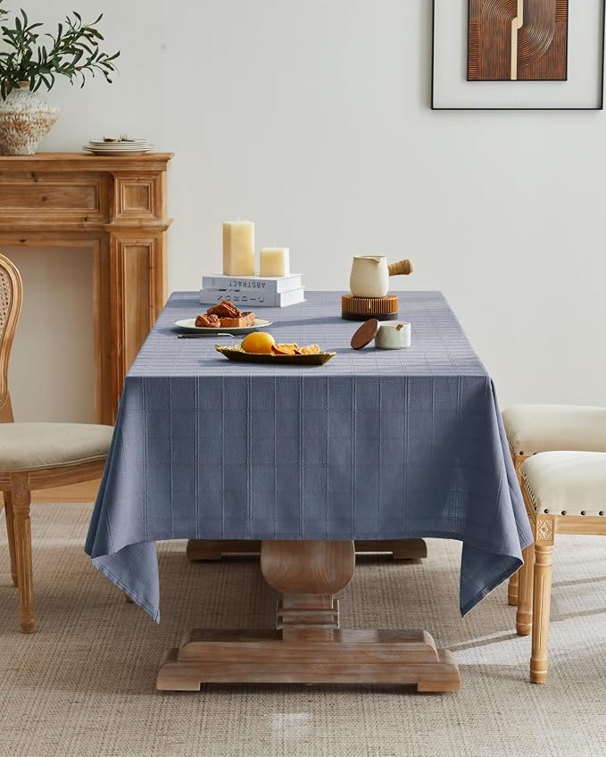 ZeeMart Linen Checked Table Cloth 52x52 Inches, Farmhouse Style Plaid Embroidered Water Resistant Square Table Cover, Blue