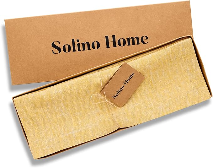 Solino Home Linen Table Runner 132 Inches Long - Athena, 100% Pure Linen Chambray Mustard Yellow Table Runner 14 x 132 Inch for Dining, Summer