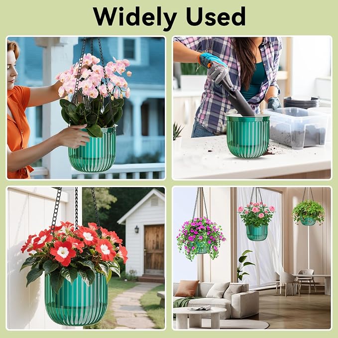 ZeeDix 3 Pack-6.5 Inch Hanging Planters for Indoor Plants, Self Watering Hanging Plant Pots with 3 Hooks and Drainage for Home, Wall, Window Decor Outdoor Use (Green, 6.5 inch)
