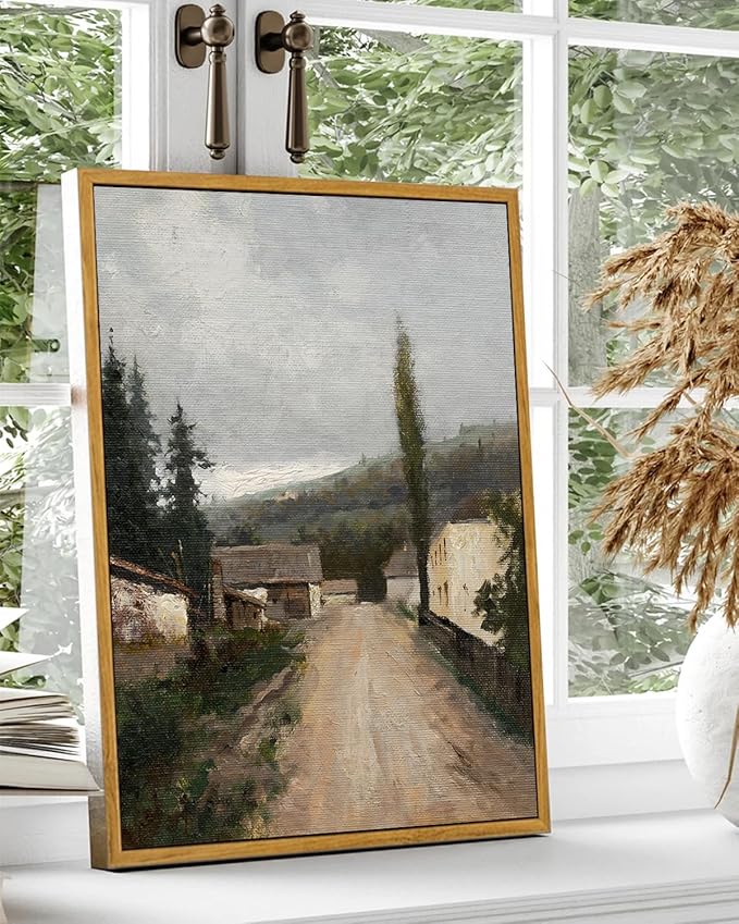 KBKBART Framed Wall Art, Vintage European Village Country Canvas Art Prints Farmhouse Decor, Vintage Oil Painting Picture, Rustic Landscape Wall Decor for Bathroom, Bedroom Living Room, Vintage Art(12"x16")