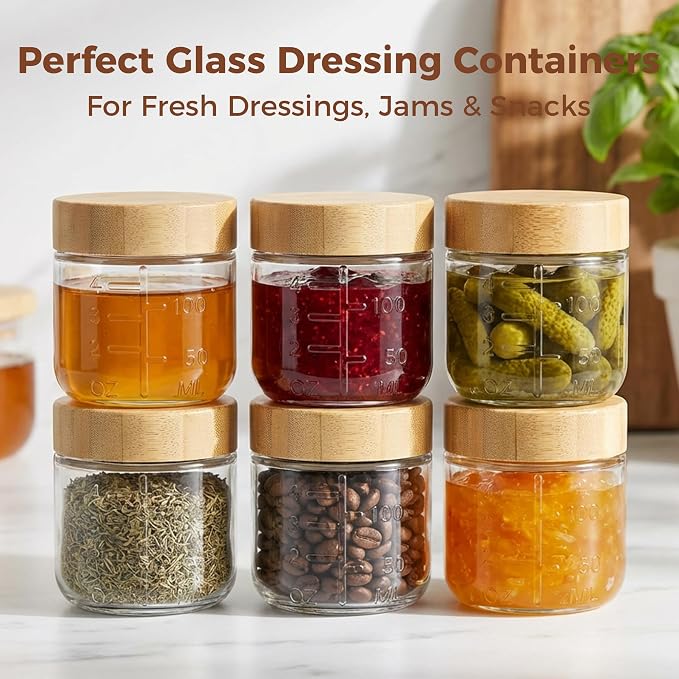 HomArtist 4oz Glass Salad Dressing Containers with Bamboo Lids - 3 Pack Small Airtight Condiment Cups, Mini Sauce Jars for Picnic, Ketchup, Dip & Snacks, Leakproof, BPA-Free & Dishwasher Safe