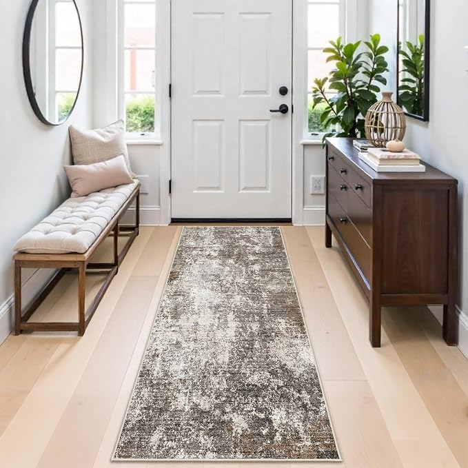 2x6 Runner Rug Non-Slip Washable for Kitchen Hallway - Modern Abstract Neutral Carpet Runner for Bedroom Bedside Laundry Room Entryway – Soft Low-Pile Stain-Resistant (Brown Beige, 2x6)