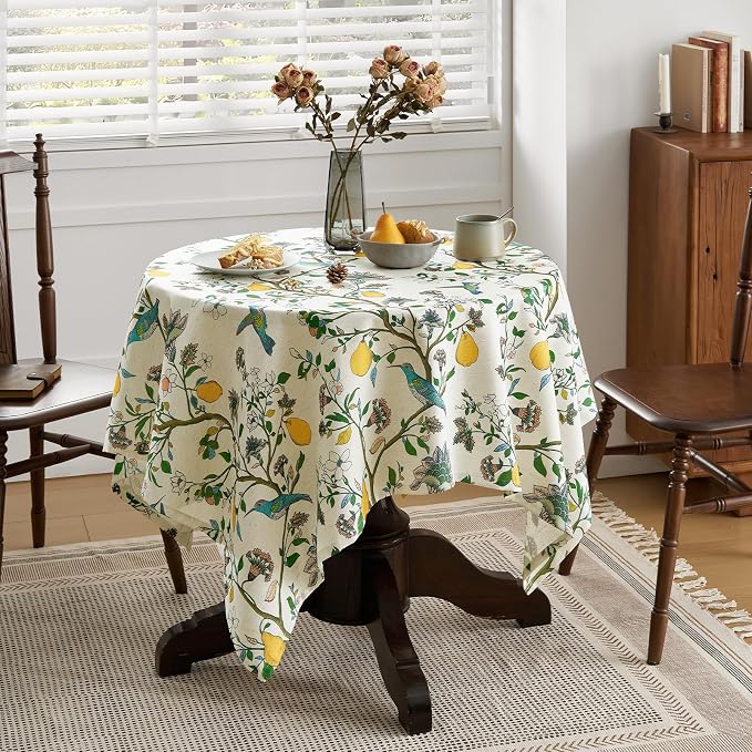 Vintage Colorful Floral Square Tablecloth: Linen Printed Farmhouse Table Cloth - Whimsical Plant Lemon Bird Patterned on Cream Burlap Textured Outdoor Table Cover for Home Decor, 55x55 Inch
