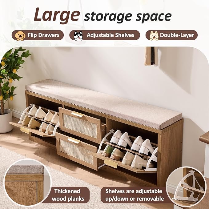 Rattan Narrow Entryway Bench with Shoe Storage, 4 Drawers & Coat Rack, Mid-Century Modern Wood Shoe Cabinet with Seat Cushion for Foyer/Hallway (Rustic Oak Rattan)