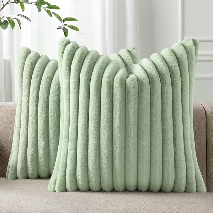 Pallene Faux Fur Plush Throw Pillow Covers 26x26 Set of 2, Luxury Soft Fluffy Striped Decorative Pillow Covers for Sofa, Couch, Living Room, Sage Green