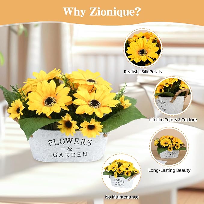 Sunflower Decor in Metal Pot – Artificial Sunflowers Bouquet with Cotton Handles, Centerpiece for Desk, Kitchen, Bathroom, Office, Classroom, Living Room, Table Decoration