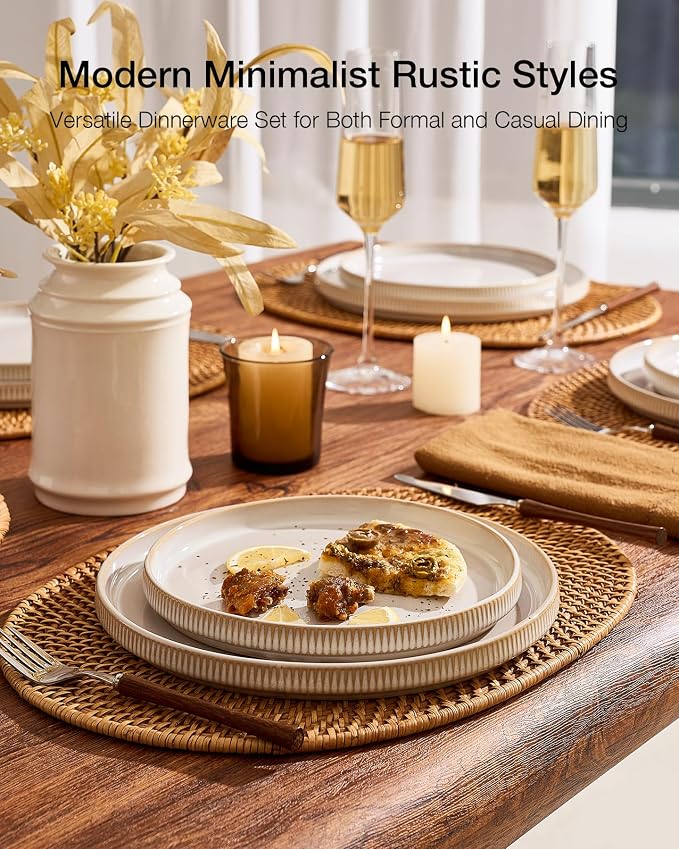 Famiware Star 12-Piece Stoneware Flat Plate Set for 6-10.5" Dinner Plates & 8" Salad Plates, High Edge Dinnerware with Trim, Chip & Scratch Resistant, Microwave & Dishwasher Safe, Cappuccino White